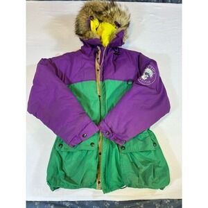 Vintage Nautica Expedition Parka Men's L Coyote Fur Hood Duck Down Green Purple
